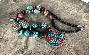 Old Tibetan Necklace in Red Coral, Turquoise, and Local Gem Stones - Picture 1 of 11