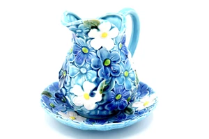 Vintage Relpo Blue White Daisy Gravy Pitcher Saucer Plate Set Serve Table Ware - Picture 1 of 7