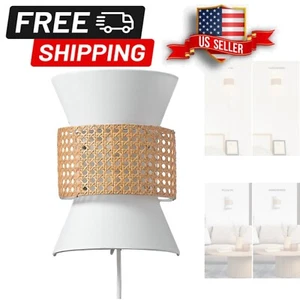 Matte White 2-Light Wall Sconce with Rattan Accent - Plug-in/Hardwire Charm - Picture 1 of 11