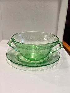 Vintage Florentine #2 Green Depression Glass Cup & Saucer by Hazel Atlas GLOWS! - Picture 1 of 9