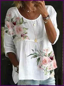 Fashion Loose Shirt Woman Elegant Round-Neck Woman Shirt Printed Casual Woman - Picture 1 of 28