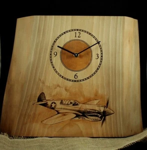 Wooden desk clock 1/2 WW plane design handcrafted pyrography home decor art 18B - Picture 1 of 1
