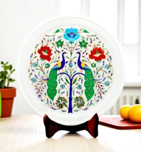 9" White Marble Semi-Precious Stone Plate Peacock Design Housewarming Gift Decor - Picture 1 of 10