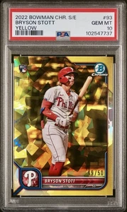 Bowman 2022 cromo zafiro Bryson Stott RC refractor amarillo/50 gema como nuevo PSA 10 - Imagen 1 de 2