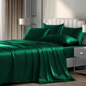 6 Pieces King Satin Sheets Luxury Silky Blackish Green Satin Bedding Sheet Se... - Picture 1 of 7