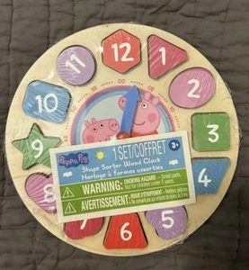 New Wood Peppa Pig Shape Sorter Clock Puzzle Learn Time Colors Shapes Wooden Toy - Picture 1 of 2