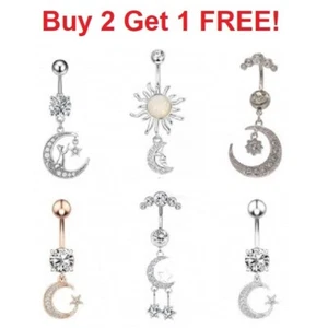 Moon Belly Bars Button Piercing Bar Dangle Navel Body Jewellery Gem Ring Silver - Picture 1 of 22