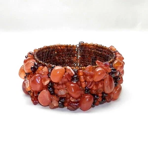 KJL Kenneth Jay Lane Beaded Garnet Carnelian Quartz Natural Stone Cuff Bracelet - Picture 1 of 5