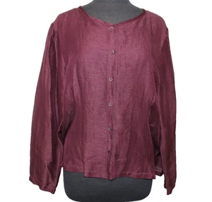 A8 New EILEEN FISHER Silk Linen Button Front Burgundy Long Sleeve Blouse Top XL - Picture 1 of 5