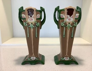 ANTIQUE ORIGINAL EICHWALD ART NOUVEAU BOHEMIAN MAJOLIKA GREEN/TAN GLAZED VASES - Picture 1 of 17