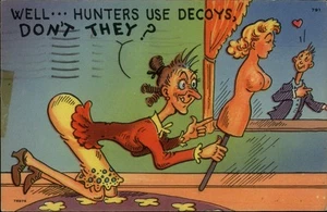 Los cazadores de pozos usan señuelos Don't They cómic humor mujer hombre romance postal - Imagen 1 de 2