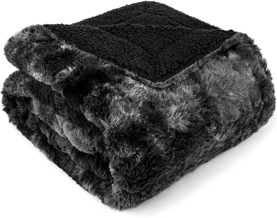 PAVILIA Faux Fur Throw Blanket Twin Tie-Dye Black Soft Warm Sherpa Blankets & T