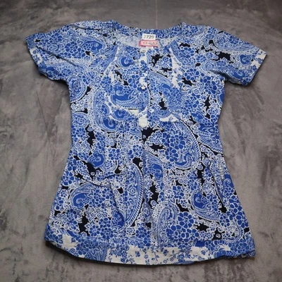 Koi Scrub Shirt Adult XS Blue Paisley Printed Uniform Top Fitted Womens - Image 1 of 4