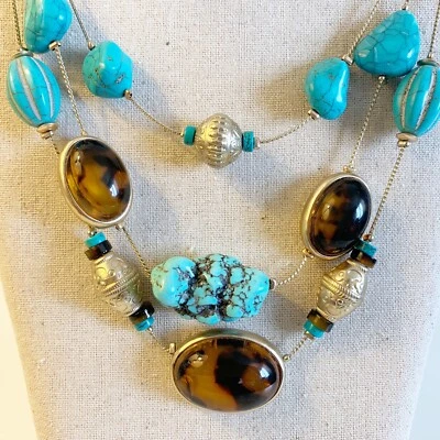 Chico's Necklace 3 Strand Faux Turquoise Stones Howlite Wood Claw Clasp NWT - Image 1 of 4