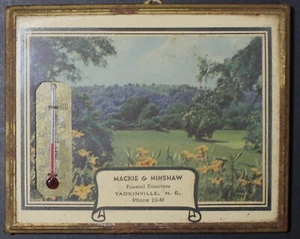 30's FRAMED ADVERTISING THERMOMETER - MACKIE & HINSHAW FUNERAL YADKINVILLE,N.C. - Picture 1 of 4