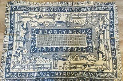 Ковер на часть комнаты ребенка ясельного возраста ABC/123 47 x 33 дюйма синий белый сельскохозяйственные животные винтажный 1992 - Изображение 1 из 4