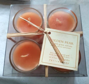 Pottery Barn Set of 4 Scented Golden Pear Glass Votives Candles New! - Picture 1 of 3
