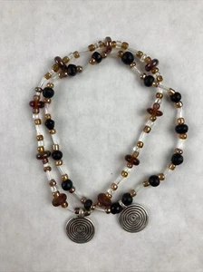 Lot of 2 Brown White Pendant Glass Bead Handmade Partner Friendship Bracelets 5" - Picture 1 of 5