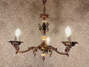 antik 3 fl Kronleuchter Deckenlampe Lüster Bronze Gold Onyx Engel Barock ca.1920 - Picture 1 of 6