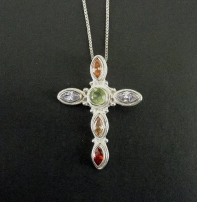 Necklace Sterling Cross Six Multi Color Stones Sterling Silver 925 Pendant Chain - Image 1 of 4