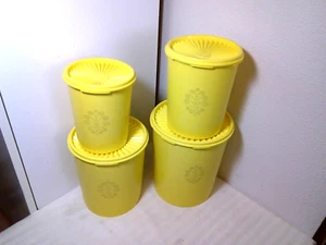 VINTAGE TUPPERWARE BRIGHT YELLOW CANNISTER SET OF 4 W/PUSH LIDS - Picture 1 of 5