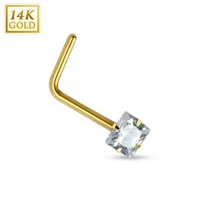 1 - 20 Gauge 1/4" 14Kt. Gold L Bend Nose Ring with Prong Set Square 2mm CZ N67 - Picture 1 of 3