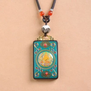 Collar Budista Colgante Thangka de Sándalo Hecho a Mano Unisex Joyería Étnica - Imagen 1 de 6