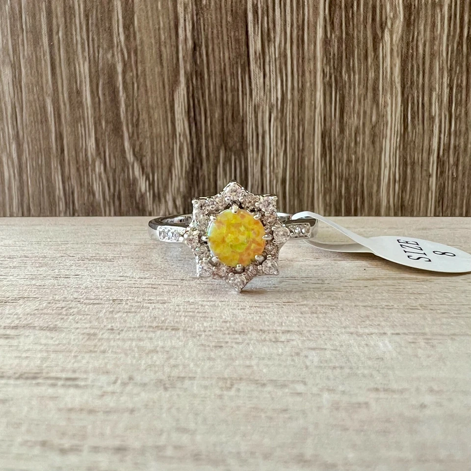 FRAGRANT JEWELS YELLOW OPAL SUN WHITE CZ SILVER-PLATED RING SIZE US 8 - Image 1 of 1