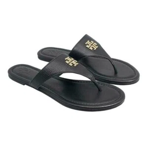 NWB 48255 Authentic Tory Burch Shoe Julie Flat Thong Tumbled Leather Sandal BLK - Picture 1 of 18