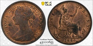 Medio centavo Gran Bretaña 1886 1/2D graduación profesional MS63RD S-3956 - Imagen 1 de 3