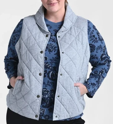CJ Banks 1X Heather Gray Snap front quilted vest, pockets, shawl collar NWT - Image 1 of 2
