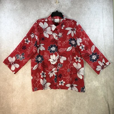 Alfred Dunner Floral Blouse Women Size 18 Semi Sheer Red 3/4 Sleeves Textured - Image 1 of 4