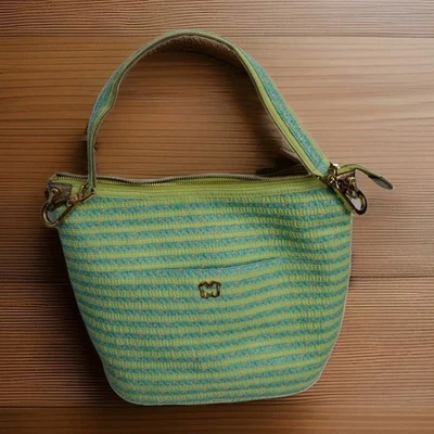 Eric Javits Multicolor Leather Strap Gold Metallic Bag Straw Canvas Stripes - Image 1 of 4