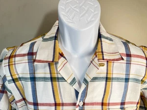 Vintage 60s 70s Arrown Men's white plaid s/s loop collar camp shirt Medium M - Picture 1 of 4