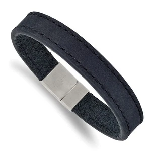 Stainless Steel Brushed Blue Leather 8.5in Bracelet - Picture 1 of 4