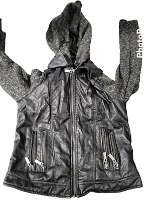 J2 by Jou Jou Junior M Faux Leather Mock Layered Full Zip Jacket Removable Hood - Image 1 of 4