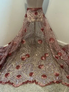 Rose Rosa Burgund Silber bestickt Pailletten Spitze Stoff 50" Breite 1 Yard - Bild 1 von 8