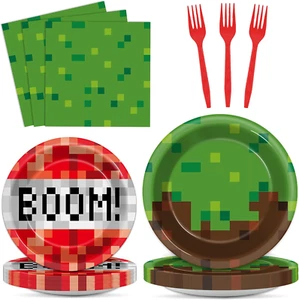 96Pcs Pixel Birthday Party Plates and Napkins for Mining Pixel Party Supplies Pi - Picture 1 of 12