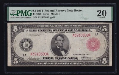 US 1914 $5 FRN Boston District Red Seal FR 832b PMG 20 (308) - Image 1 of 2