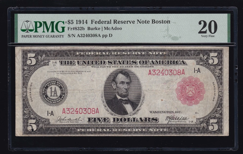 US 1914 $5 FRN Boston District Red Seal FR 832b PMG 20 (308) - Image 1 of 2