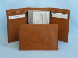 GEORGIA TECH YELLOW JACKETS Leather TriFold Wallet NEW brown 2 - Picture 1 of 5