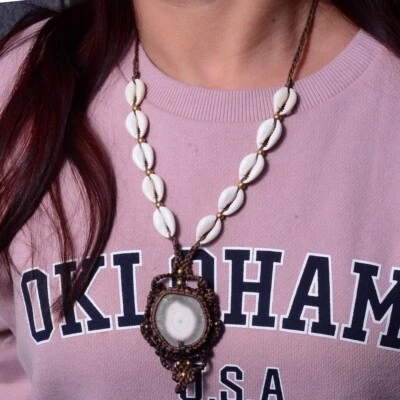 Healing Natural Solar Quart Cowrie Shell Boho Macrame Gemstone Handmade Necklace - Image 1 of 4