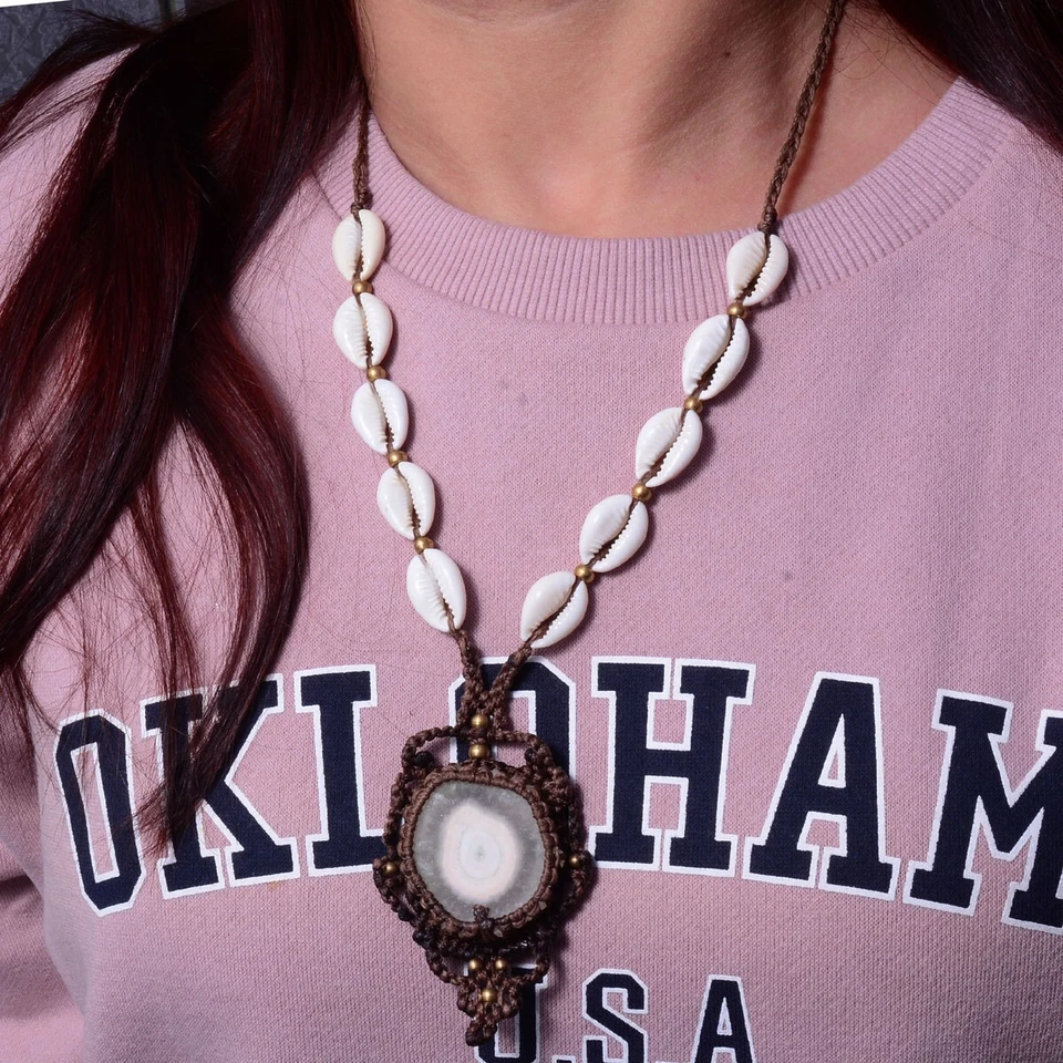 Healing Natural Solar Quart Cowrie Shell Boho Macrame Gemstone Handmade Necklace - Image 1 of 4