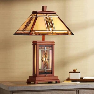 Mission Rustic Tiffany Style Table Lamp 27" Tall Walnut Wood with Nightlight - Picture 1 of 6