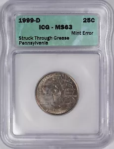 1999 D 25c Struck Through Grease Pennsylvania Mint Error Coin ICG MS63 - Picture 1 of 2