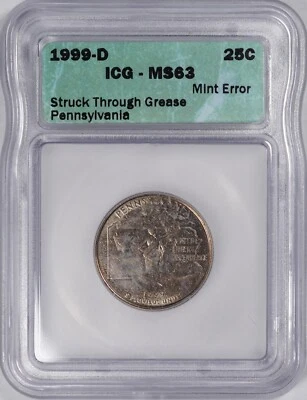 1999 D 25c Struck Through Grease Pennsylvania Mint Error Coin ICG MS63 - Image 1 of 2
