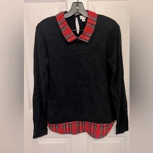 J. CREW Damen Pullover schwarz mit rot kariertem Kragen Holiday Collection Gr. M - Bild 1 von 6