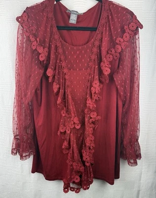 Туника Kate & Mallory кружевная с цветочным рисунком с оборками красная женская размер XL эластичная крестьянская фея богемное - Изображение 1 из 4