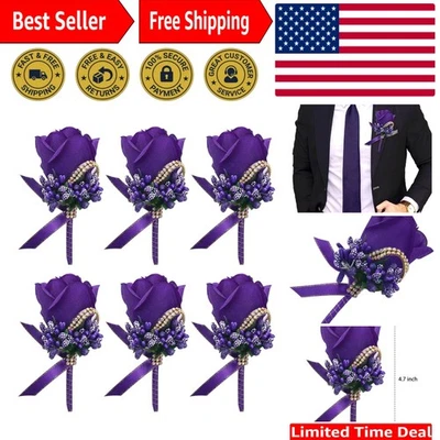 Luxury Purple Silk Rose Boutonnieres – 6 Pack with Easy Attach Design for Events - Image 1 of 4