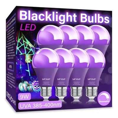 8 Pack A19 LED Black Light Bulbs,9W (100W Equivalent) E26 Base Dimmable Black - Image 1 of 4